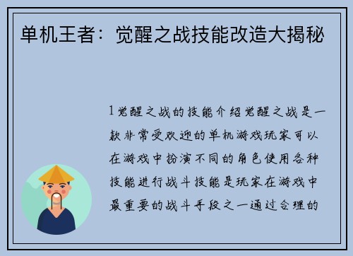 单机王者：觉醒之战技能改造大揭秘